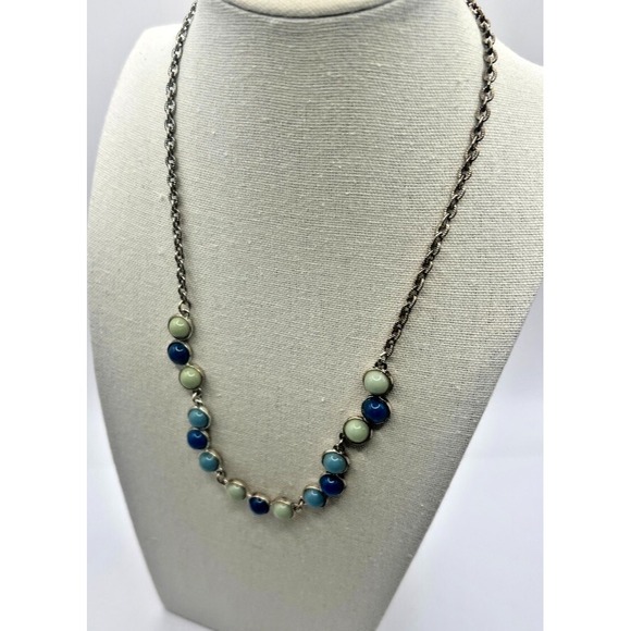 Vintage Liz Claiborne Bezel‎ Set Necklace Blue Green Glass Beads Silver Coastal - Picture 1 of 15